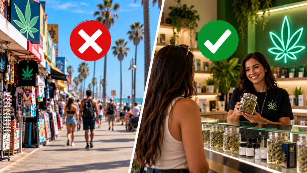 Licensed cannabis dispensary compared with Venice Beach boardwalk shops, highlighting the difference between legal and unlicensed cannabis sales.